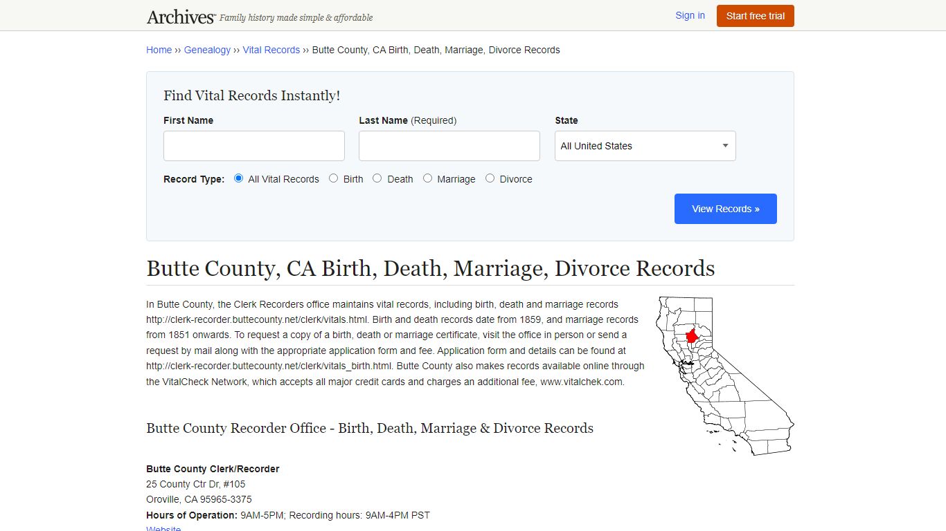 Butte County, CA Birth, Death, Marriage, Divorce Records